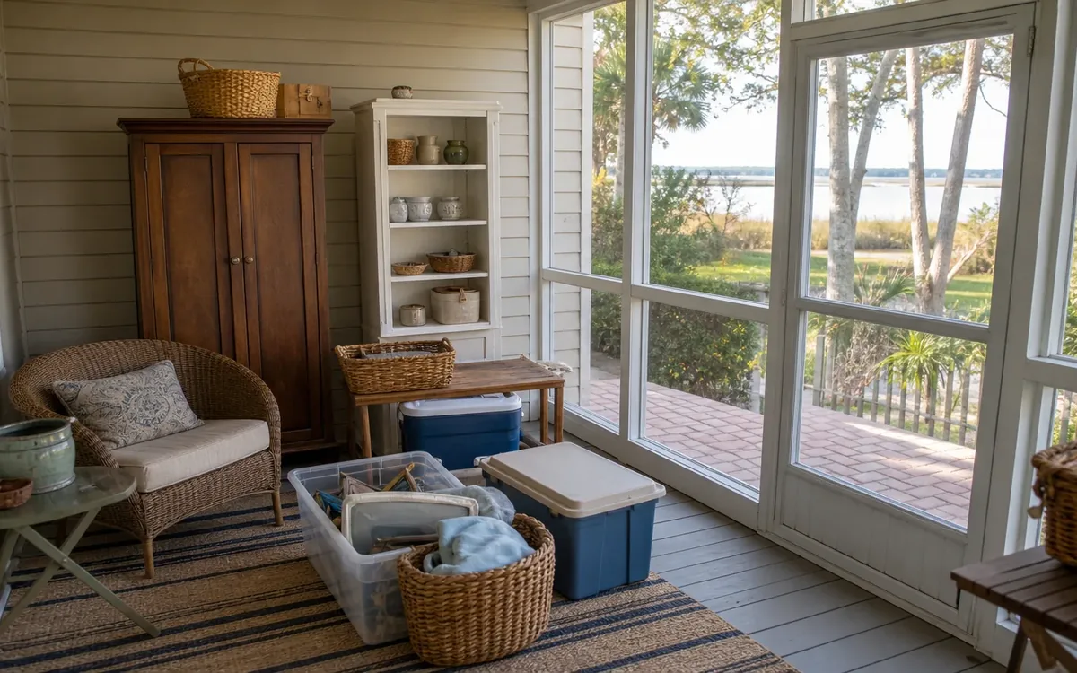 Clear and blue storage bins, woven baskets, a wooden cabinet, and a wicker chair arranged on a sunlit enclosed porch.