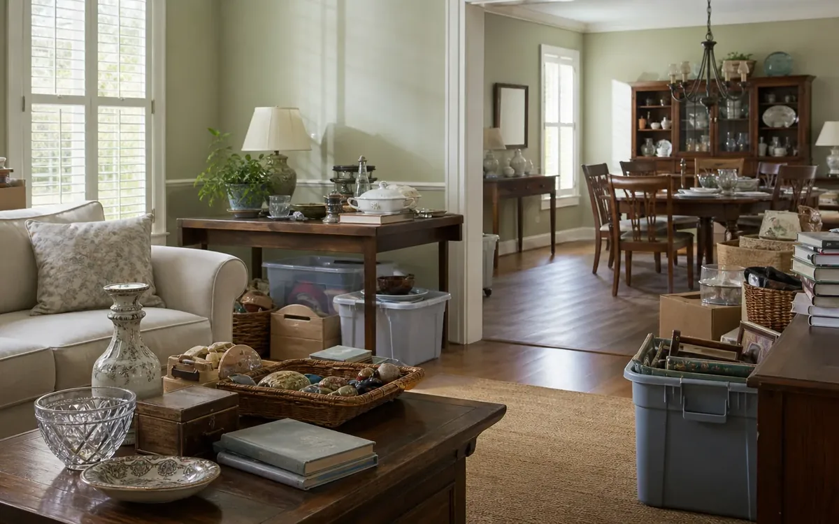 Living and dining rooms with furniture, glassware, stacked books, baskets, boxes, and storage bins for sorting household belongings.