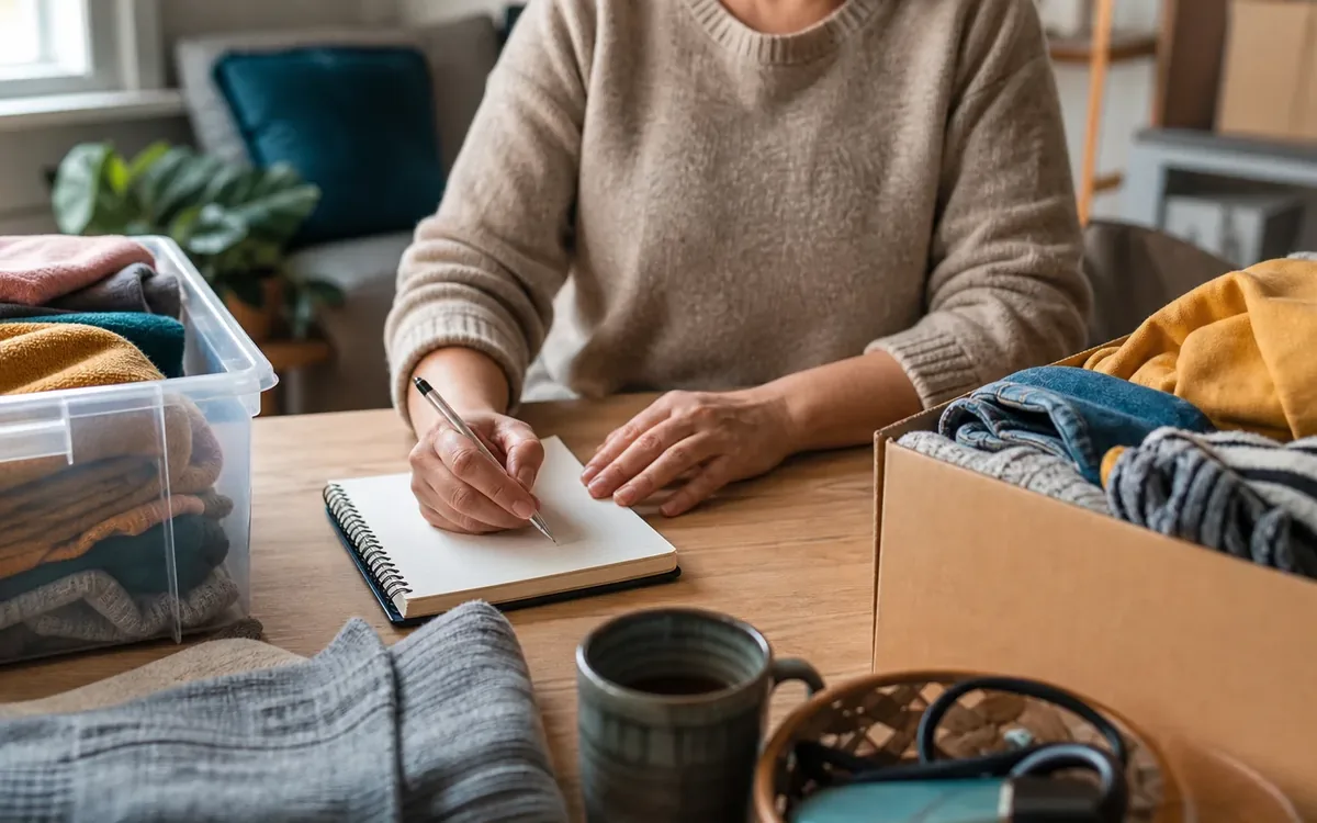 Hands organizing household items while planning use a four-part donation test