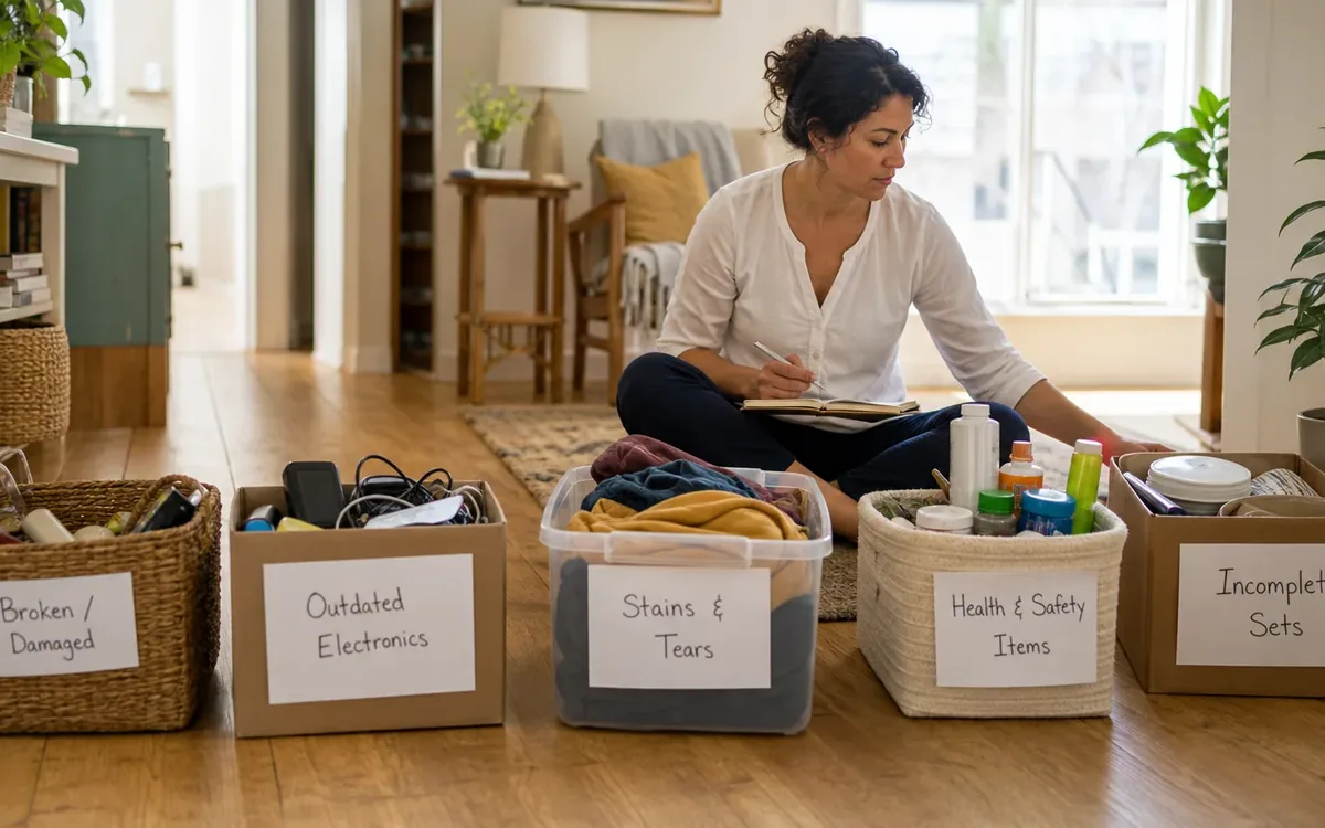 Labeled household belongings and a clear room path for know what should not enter the donation stream