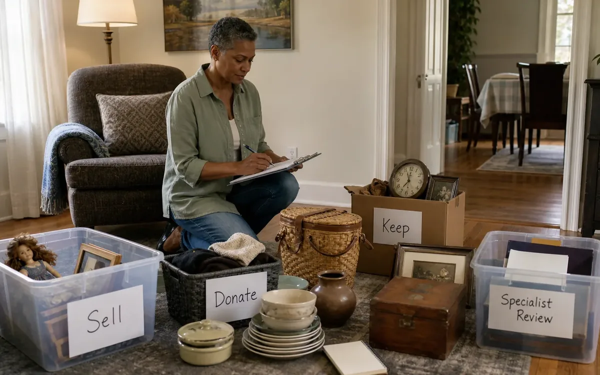 Labeled household belongings and a clear room path for identify items that need specialist review