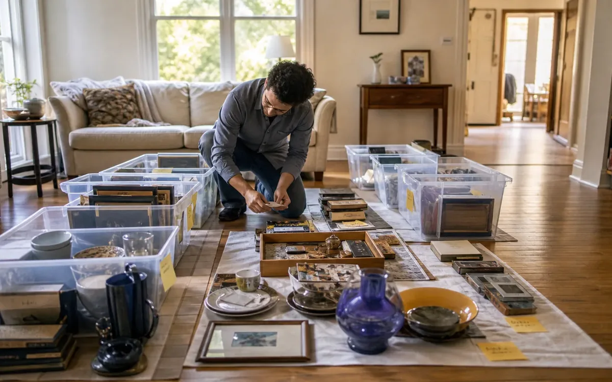 Labeled household belongings and a clear room path for how should you screen a collection without damaging it?