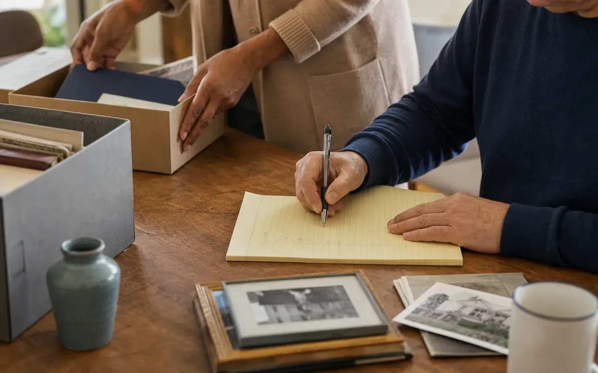 Hands organizing household items while planning step 1: identify the property and authorized decision-maker
