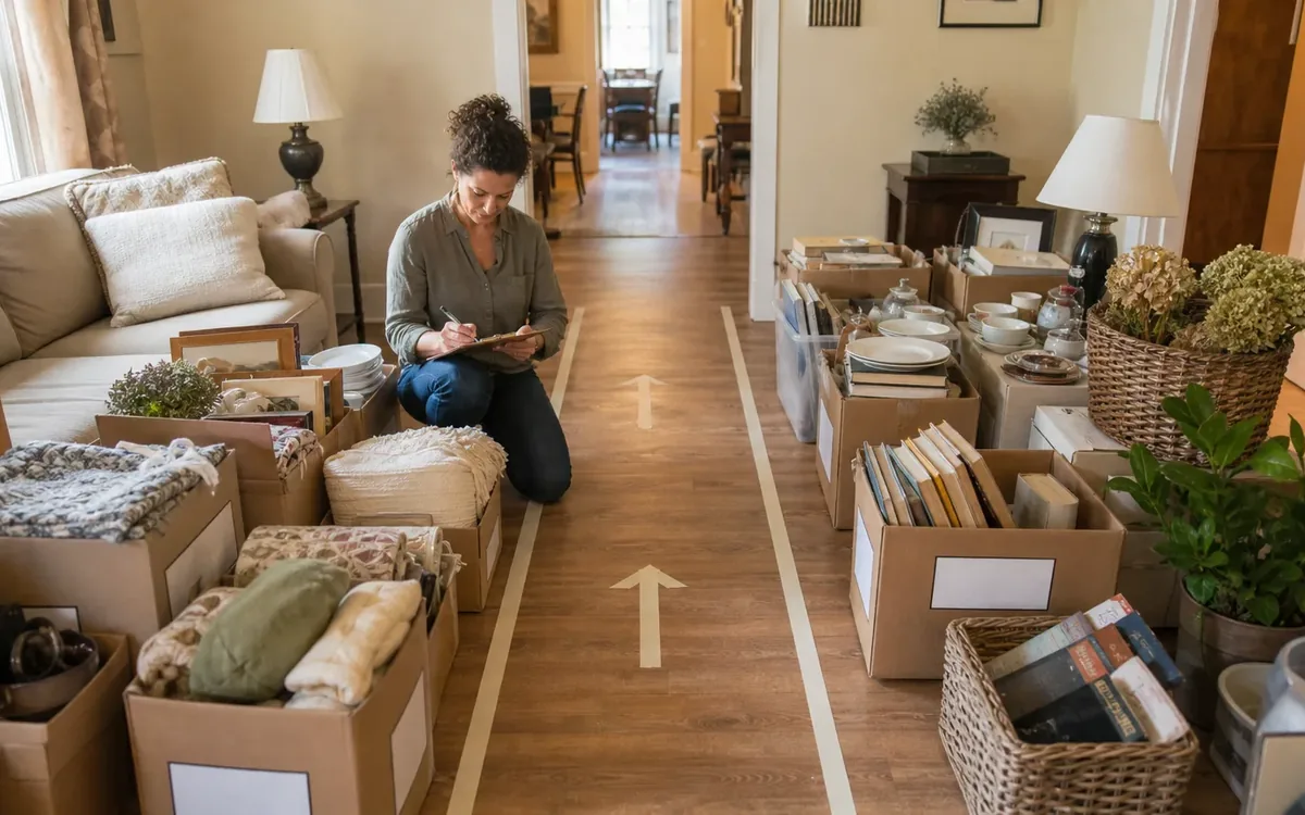 Labeled household belongings and a clear room path for step 3: separate household decisions from professional decisions