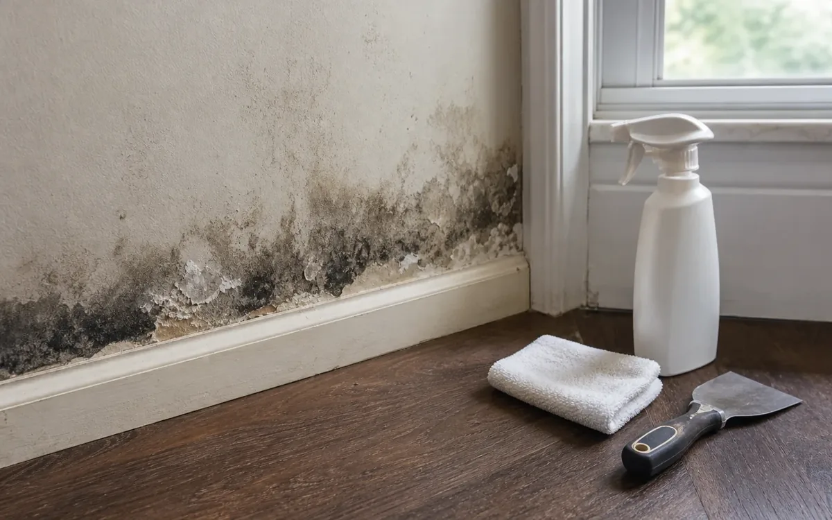 Dark staining along a wall above the baseboard beside a window, with a spray bottle, folded cloth, and scraper on the wood floor.