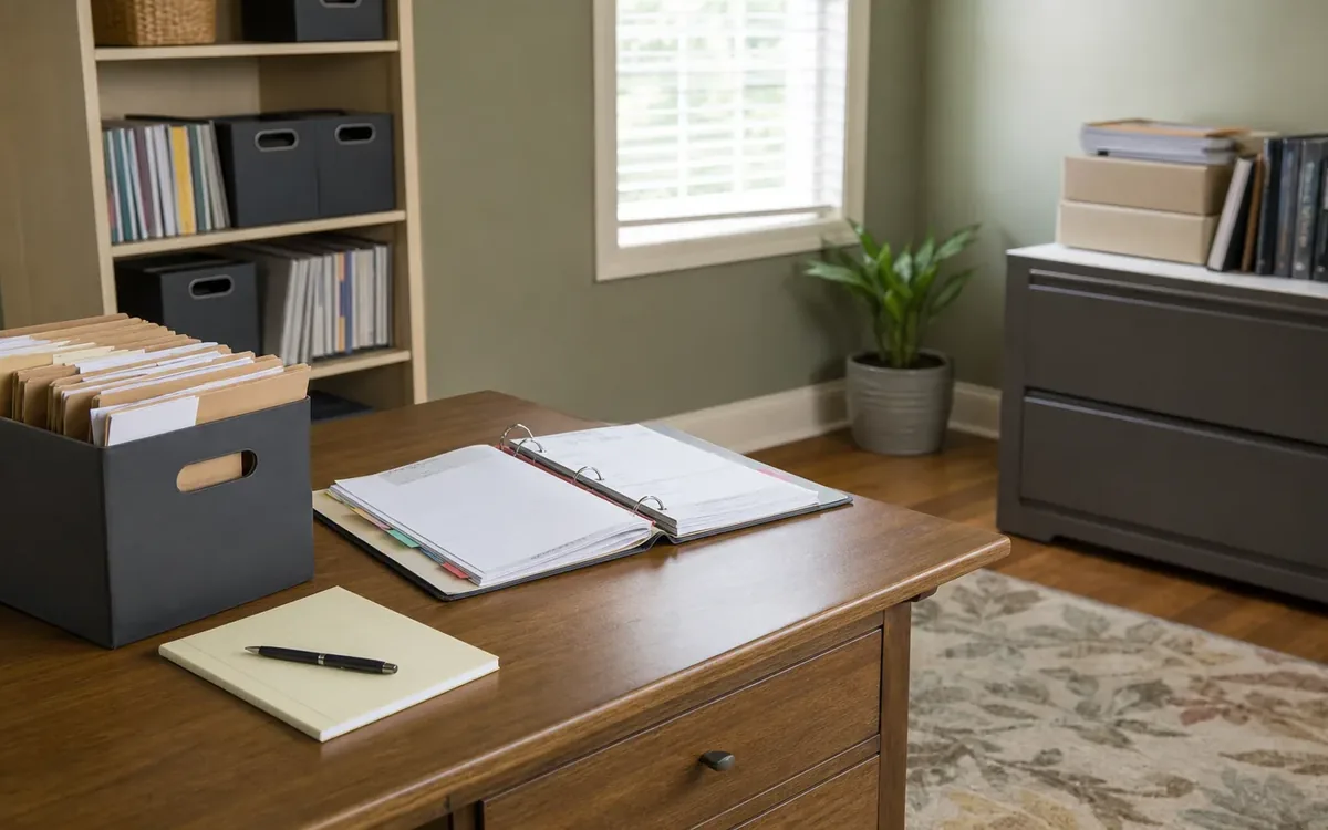 A wooden desk holds a box of tabbed folders, an open ring binder, and a notepad with a pen beside shelves of files.