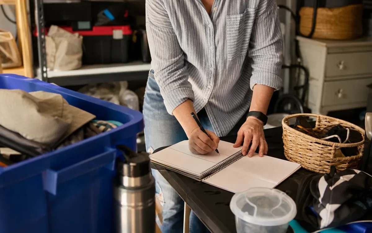Hands organizing household items while planning measure the storage footprint before sorting
