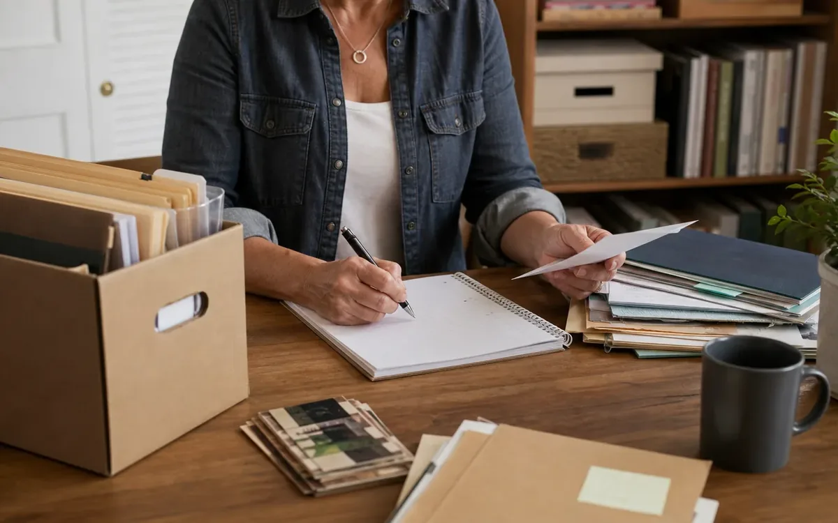 Hands organizing household items while planning build a records map before touching the files