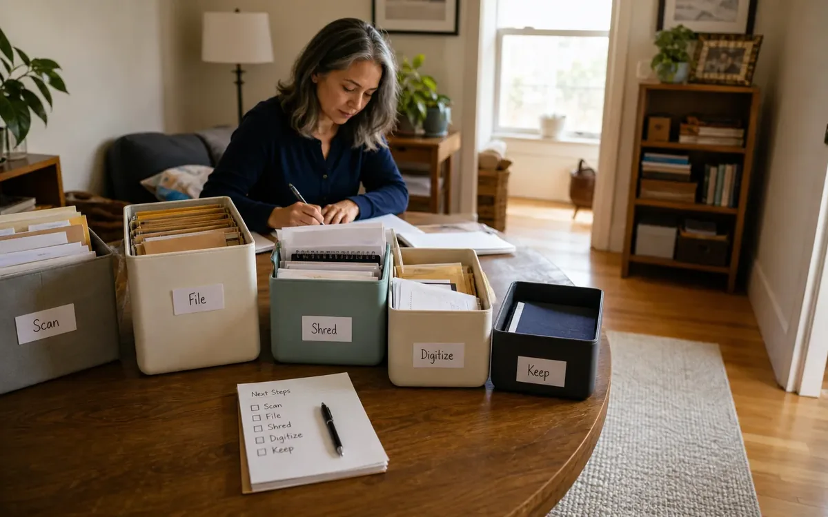 Labeled household belongings and a clear room path for how can you digitize papers without creating digital clutter?