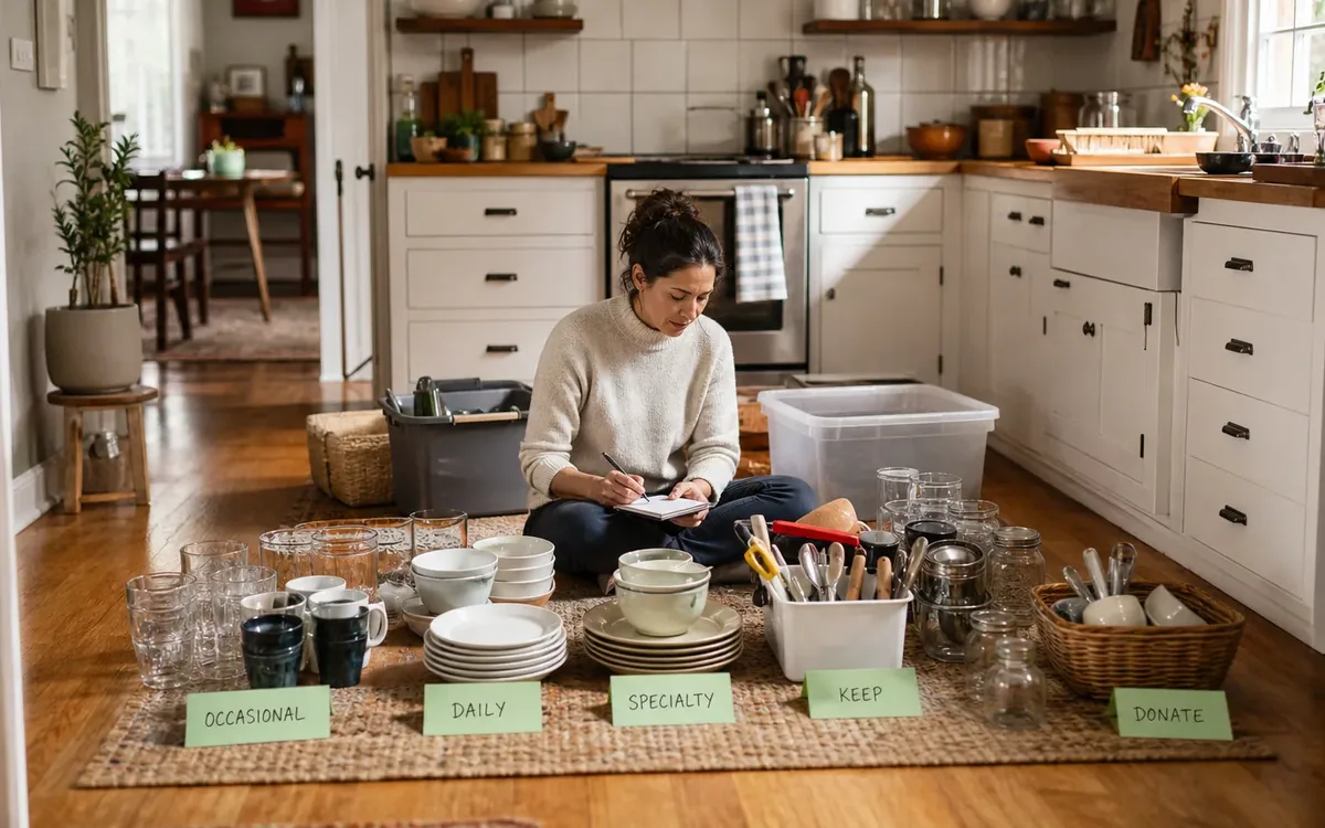 Labeled household belongings and a clear room path for define daily use with a normal-week test