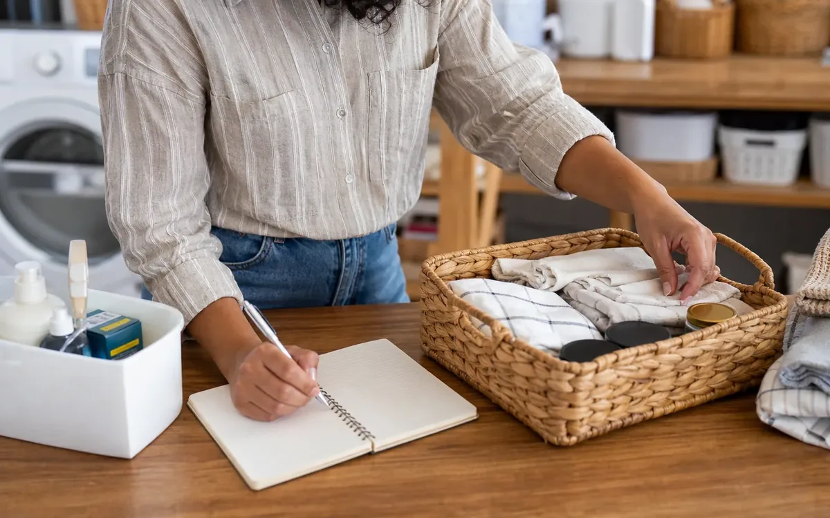 Hands organizing household items while planning start with the routine, not the shelves