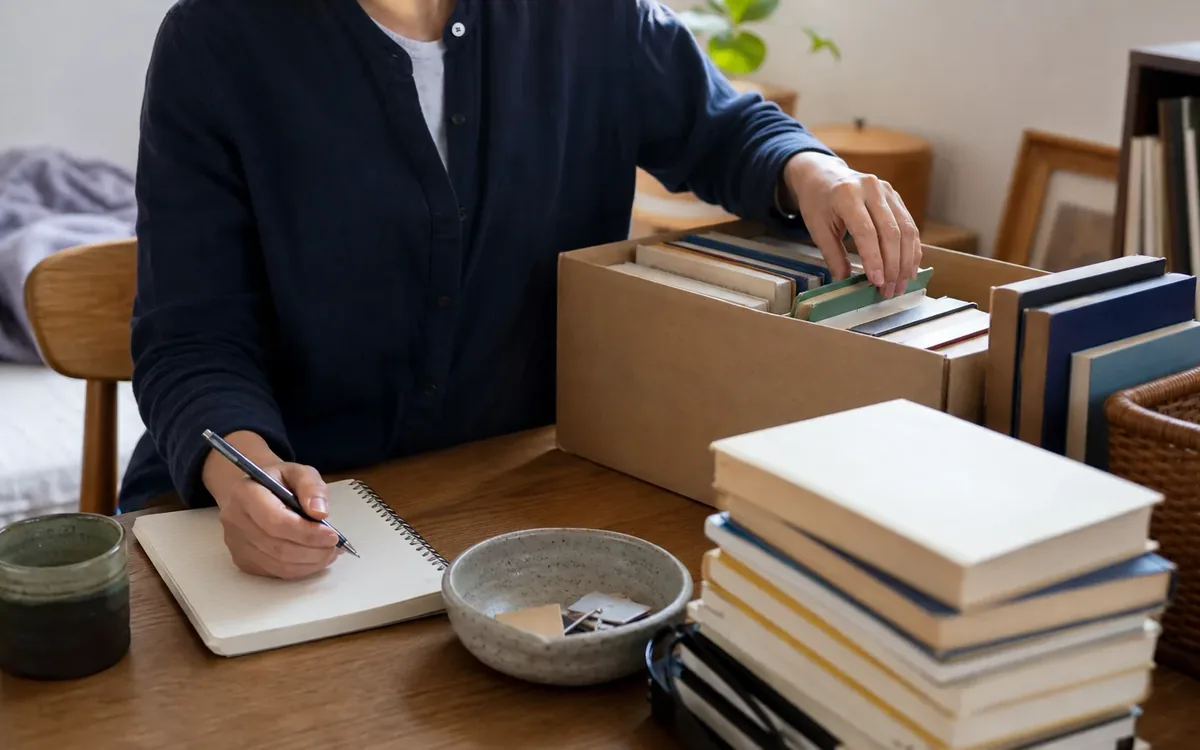 Hands organizing household items while planning build a shelf budget for each category