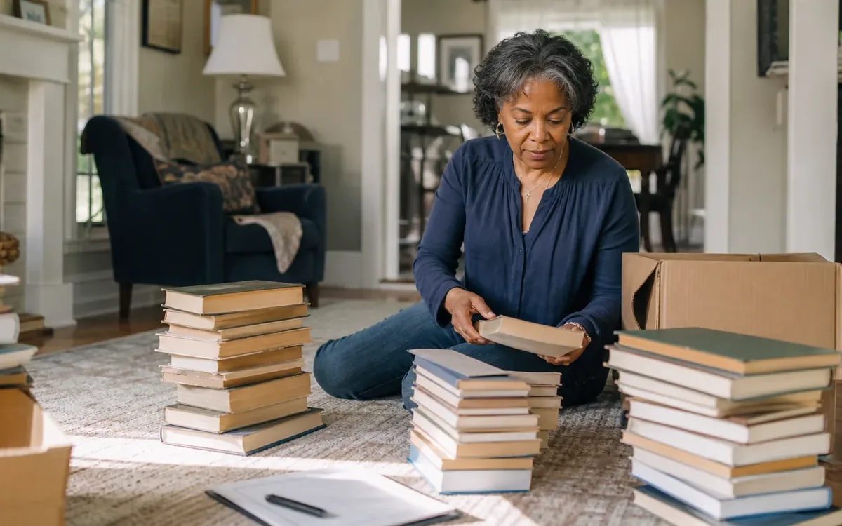 Household planning scene for How to Downsize Books and Collections by Shelf Space in South Carolina