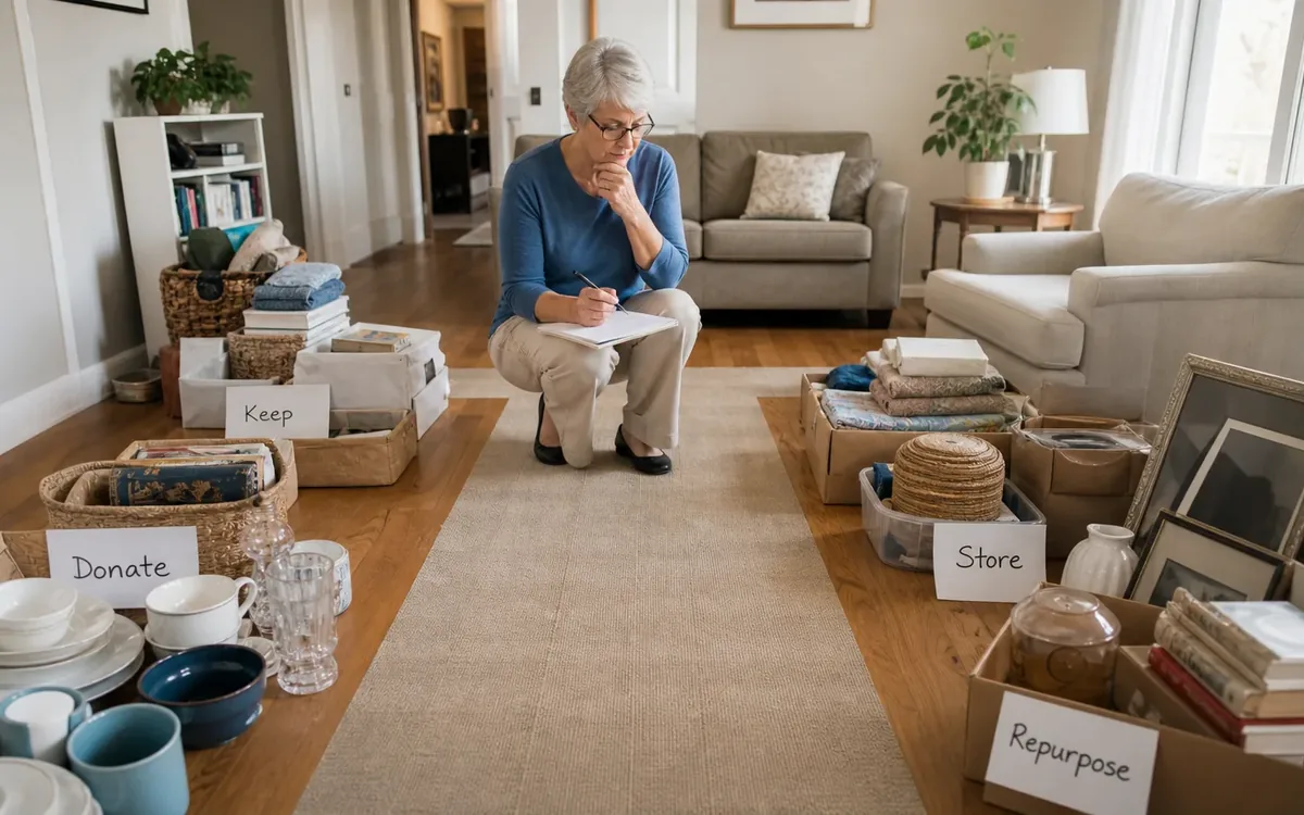 Labeled household belongings and a clear room path for which rooms should be downsized first?