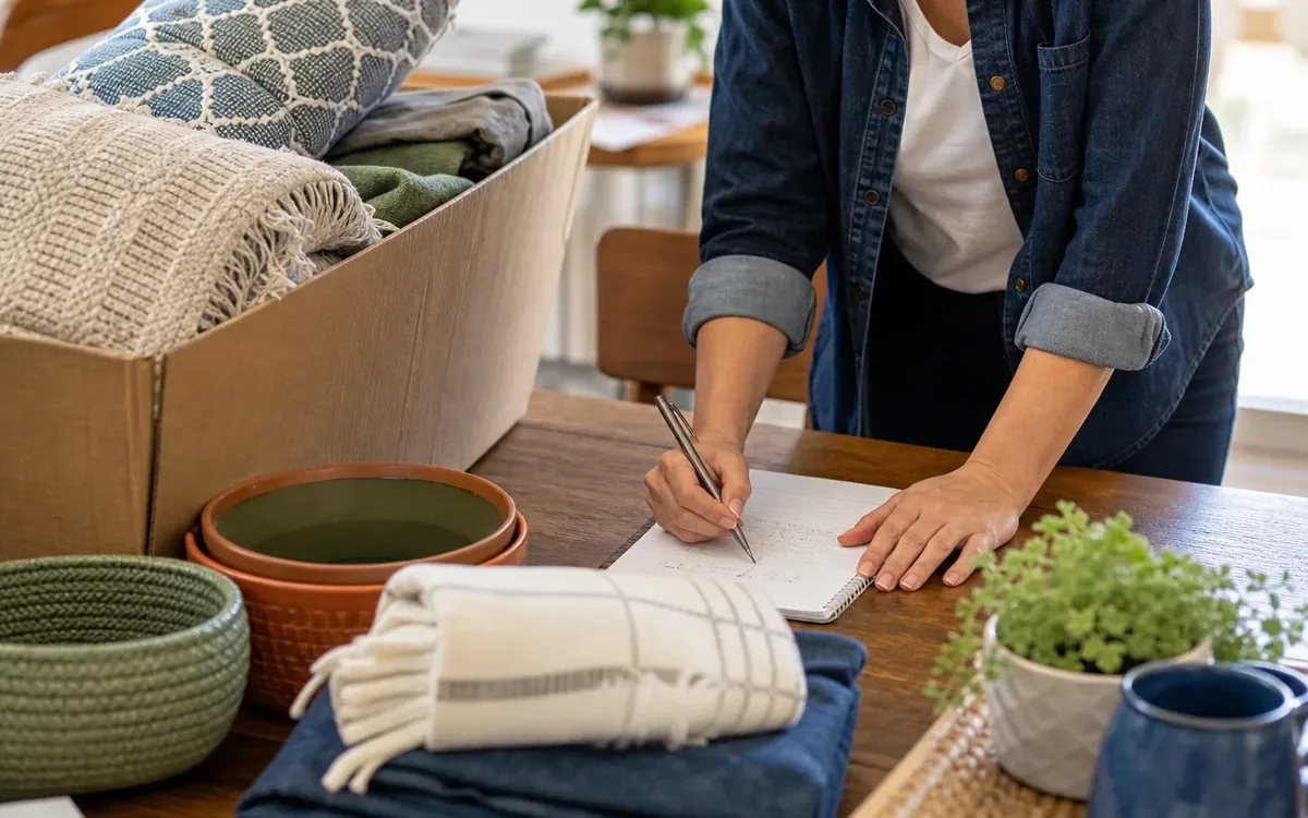 Hands organizing household items while planning how do you test whether furniture fits the next space?