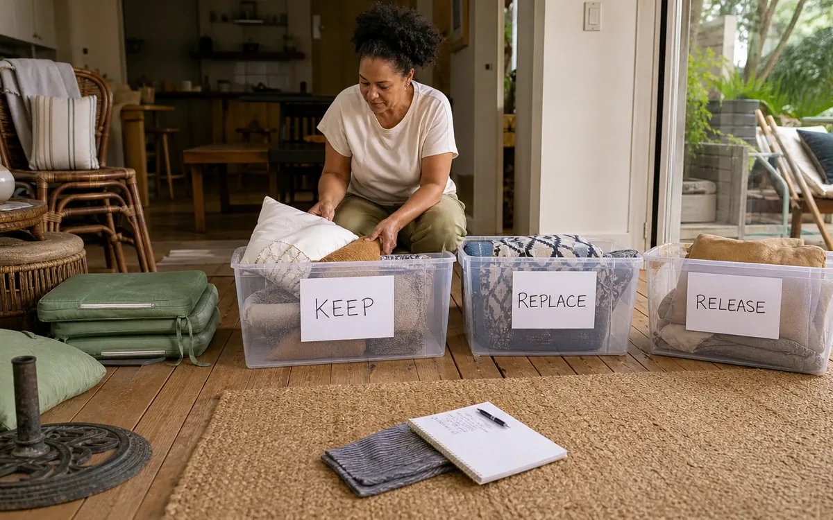 Labeled household belongings and a clear room path for use a keep, replace, or release decision