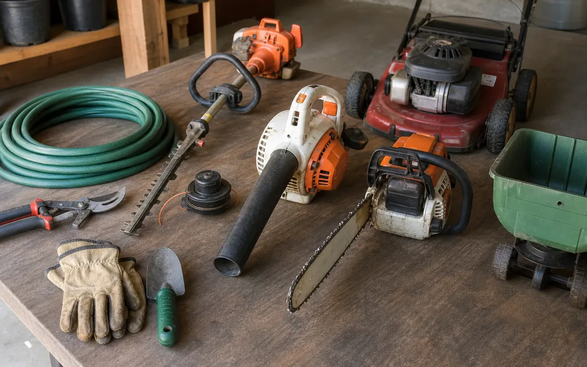 Outdoor equipment arranged on a garage floor includes a mower, hose, trimmer, blower, chainsaw, spreader, gloves, and hand tools.