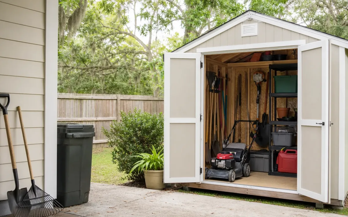 An open backyard shed holds a lawn mower, long-handled tools and storage bins, with a shovel and rake leaning against the house.