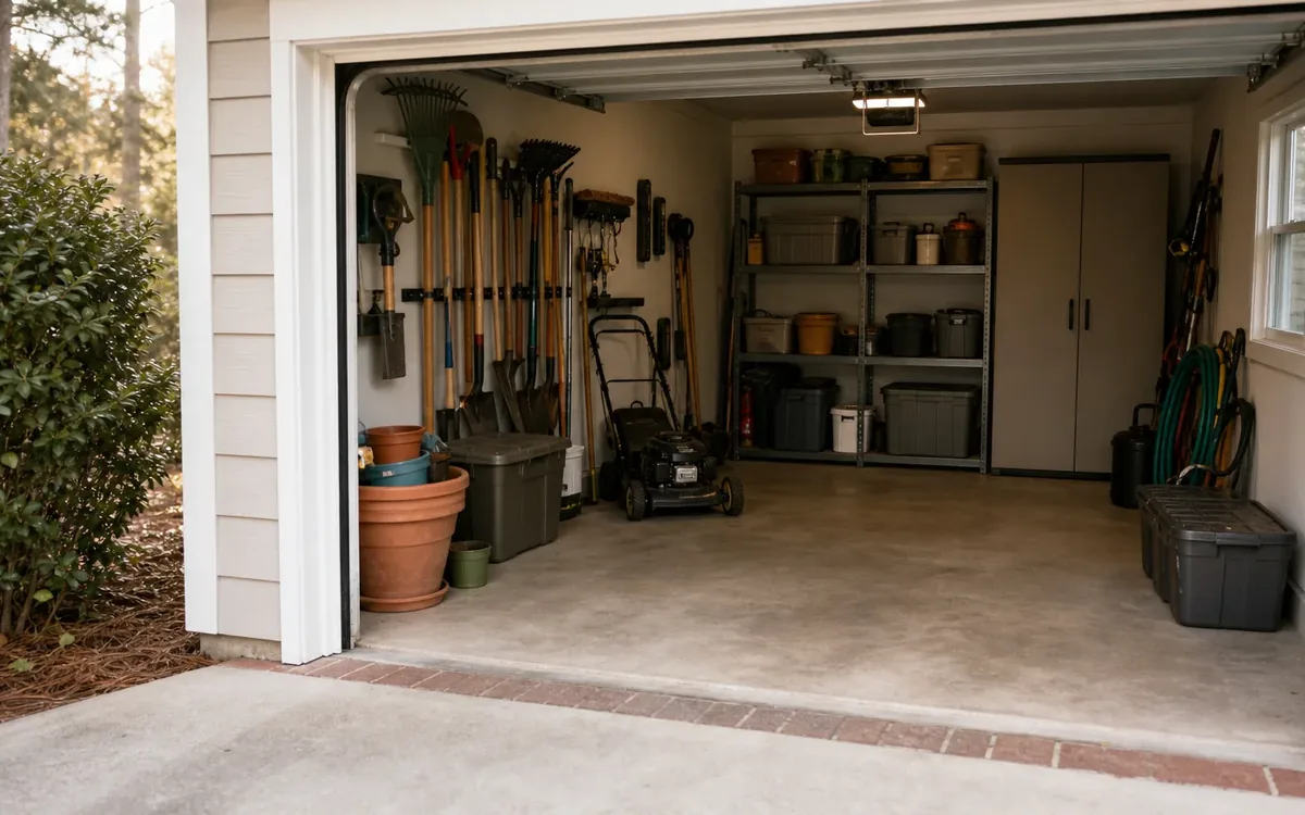 Open garage with long-handled yard tools, a lawn mower, shelving, cabinets, pots, bins, and coiled hoses neatly stored.