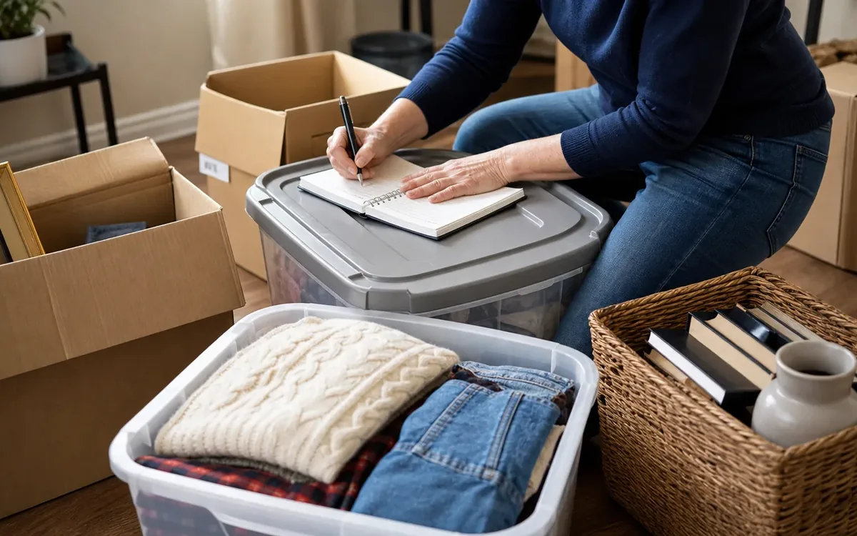 Hands organizing household items while planning prepare a sorting area without unpacking everything