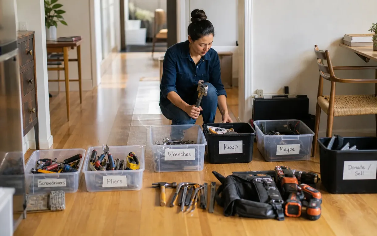Labeled household belongings and a clear room path for which duplicate tools are worth keeping?