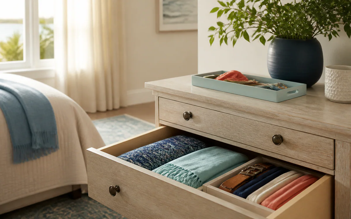 An organized living room with carefully sorted belongings for a Charleston, SC guide answering "How to downsize without feeling overwhelmed"