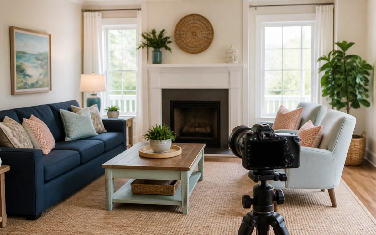 A bright, uncluttered living room prepared for a home sale for a Charleston, SC guide answering "How to get your house ready for listing photos"