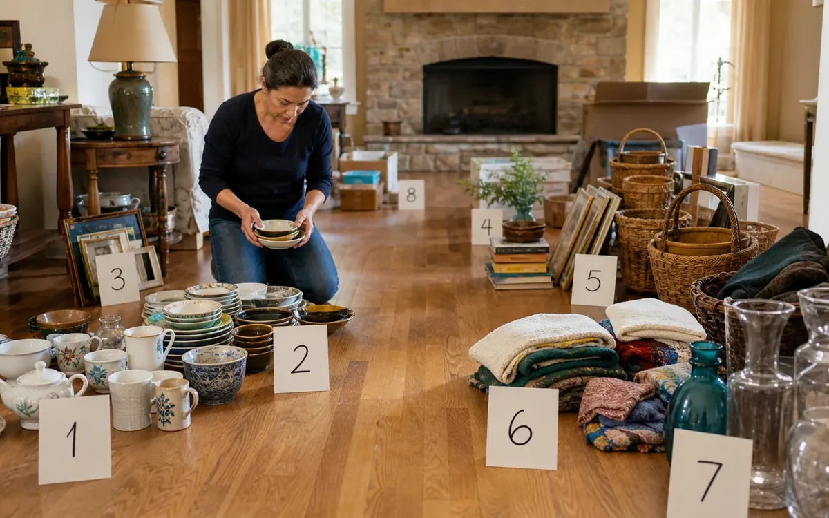 Labeled household belongings and a clear room path for how do you keep sets and collections intact?