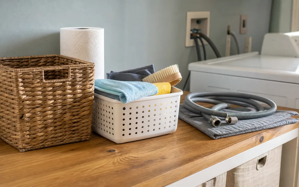 Laundry supplies sit in baskets on a wooden counter beside coiled appliance hoses and a white washing machine.