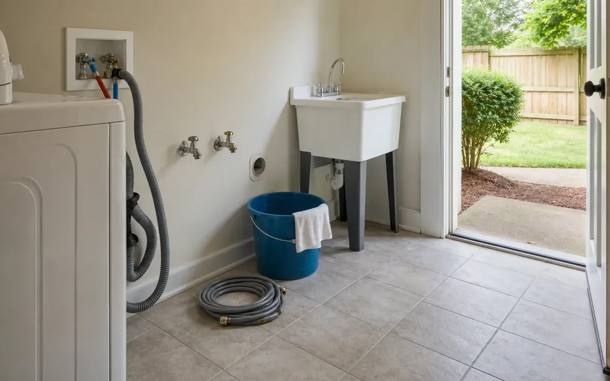 Laundry area with a washing machine, exposed wall valves, a coiled hose, a blue bucket with a cloth, and a utility sink.