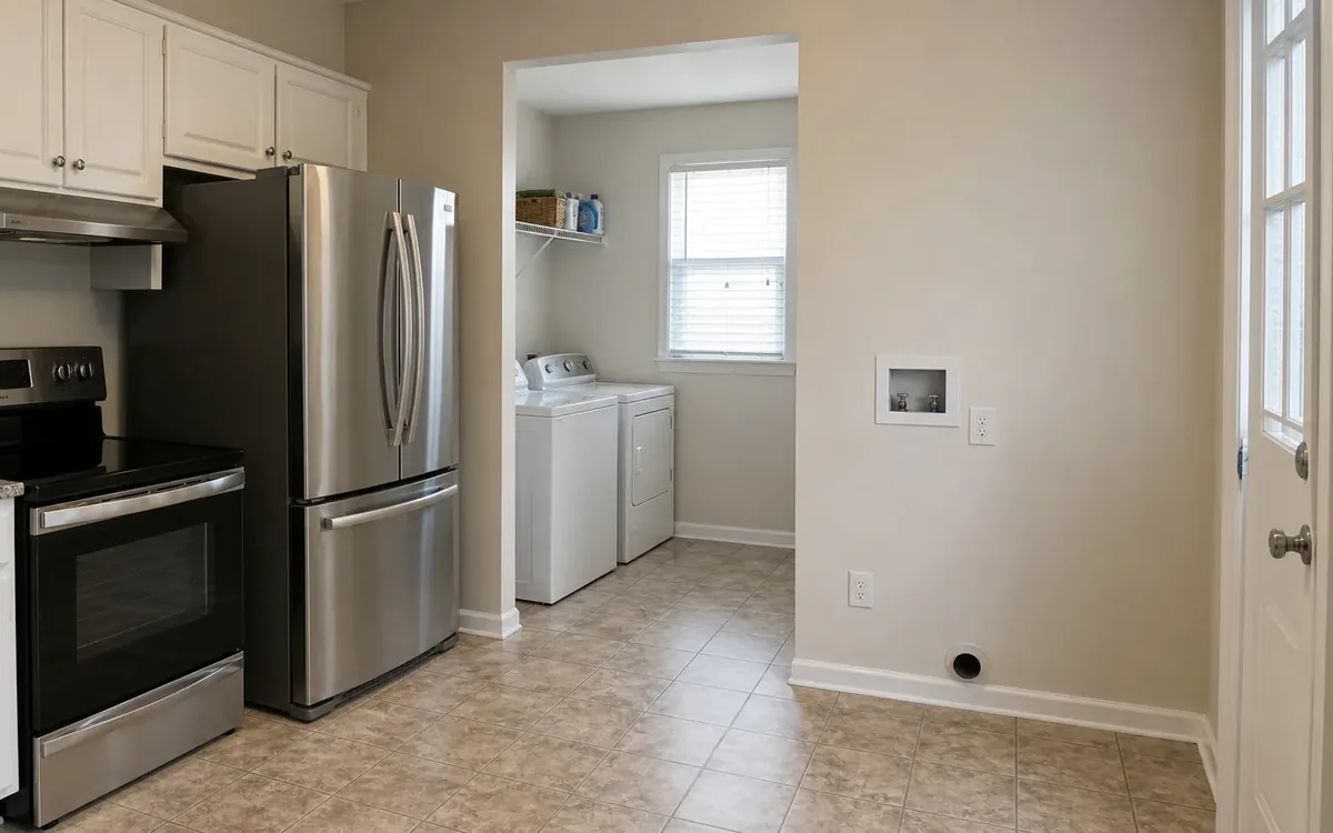 Kitchen with a stainless steel refrigerator and range, an adjoining washer and dryer, and exposed wall utility openings.