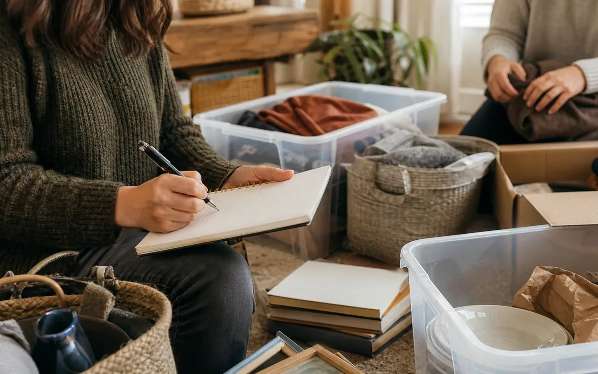 Hands organizing household items while planning build disposal zones before anything leaves