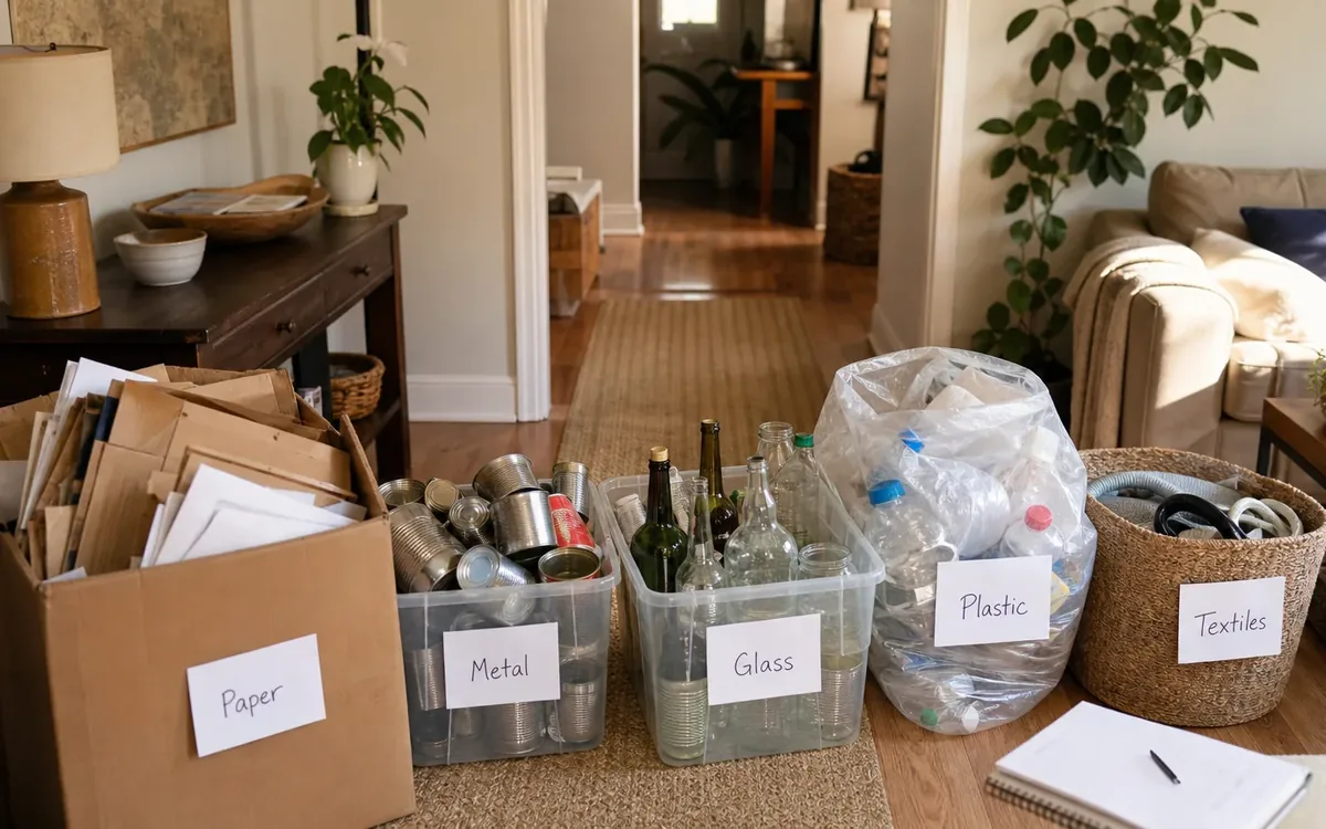 Labeled household belongings and a clear room path for separate recyclables by material and destination