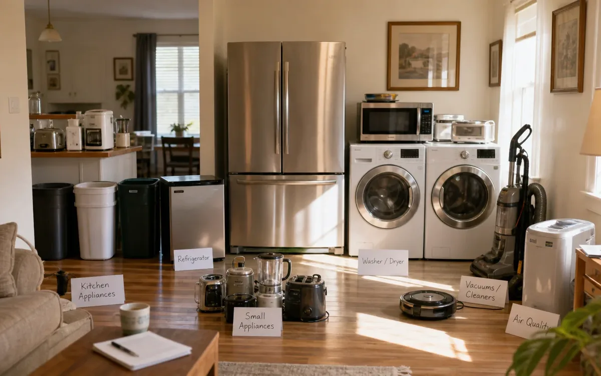 Labeled household belongings and a clear room path for which appliances need specialized attention?