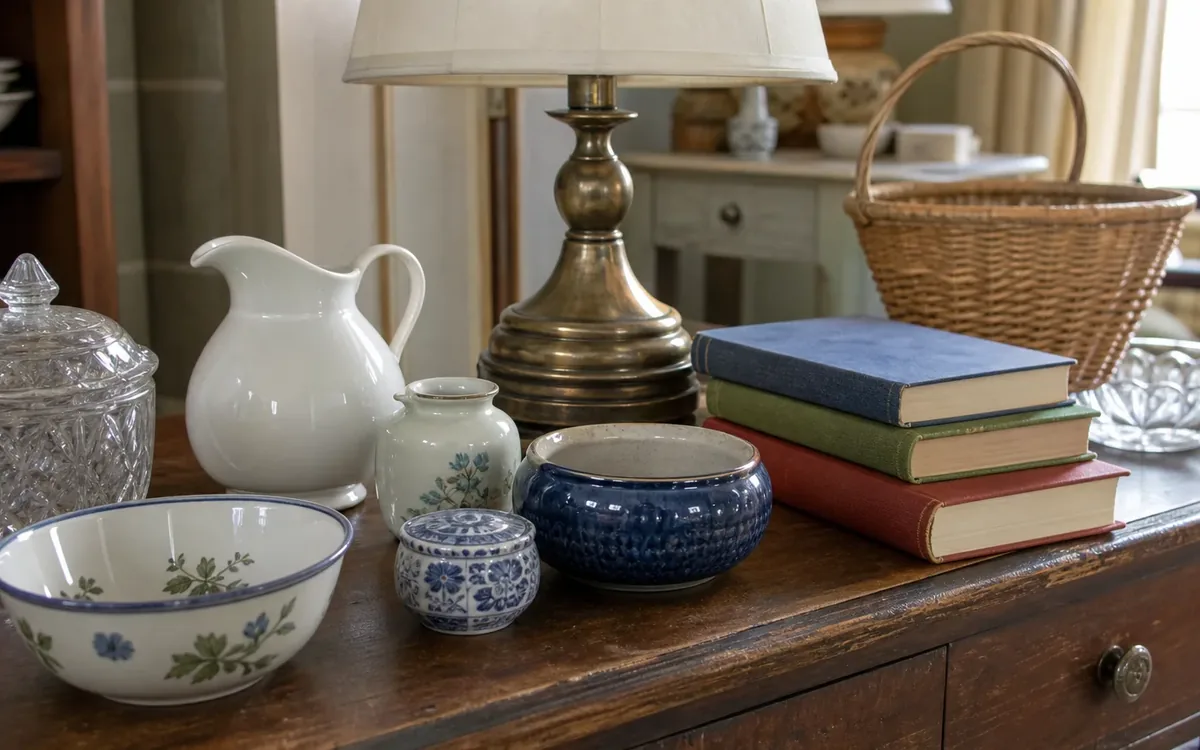 A wooden table holds a brass lamp, stacked books, a wicker basket, a white pitcher, ceramic bowls, and glass dishes.
