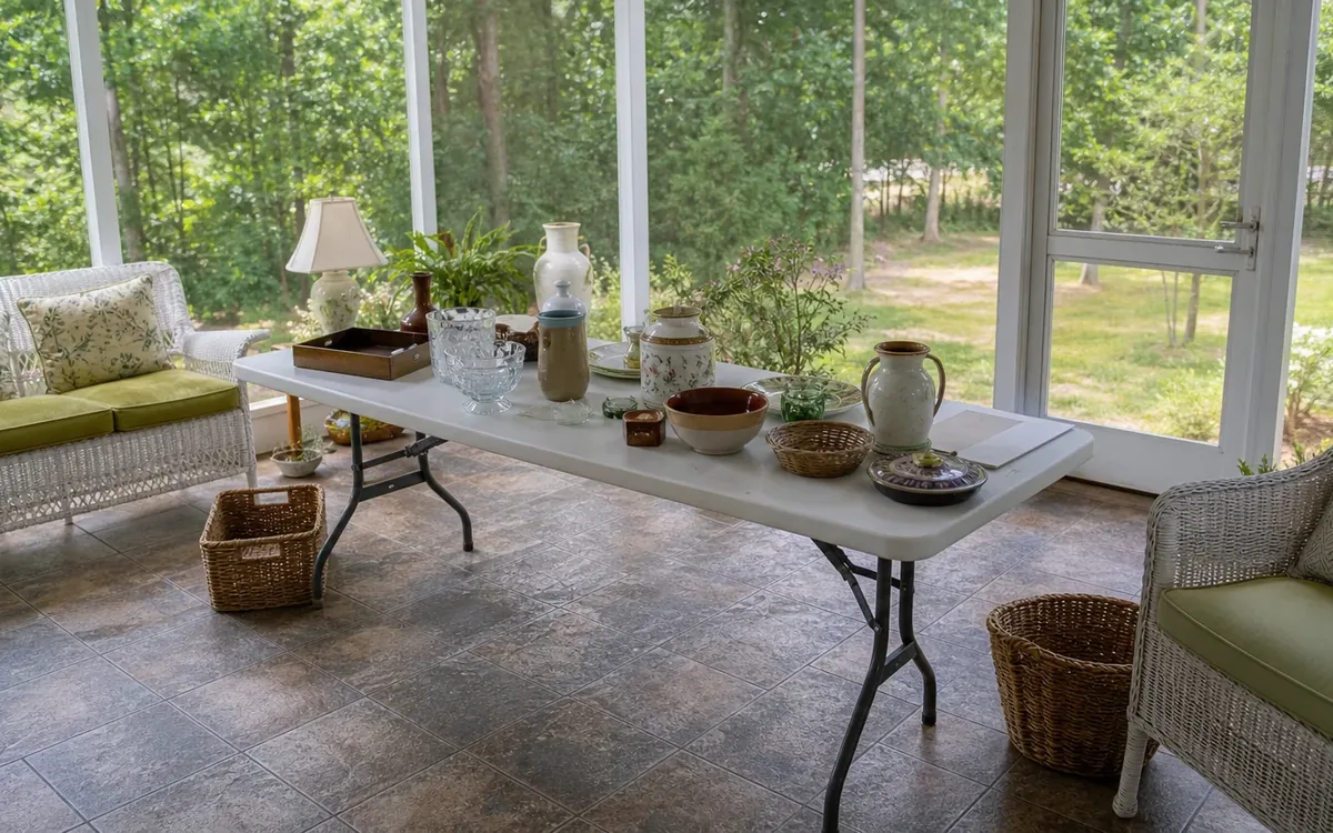 A folding table holds ceramic pitchers, bowls, baskets, and a lamp between wicker seats in a sunroom overlooking trees.