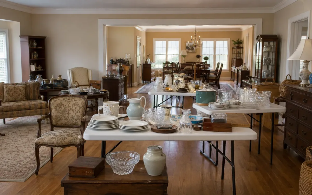 Folding tables display dishes, glassware, and pottery among upholstered chairs and wooden furniture in a furnished home.