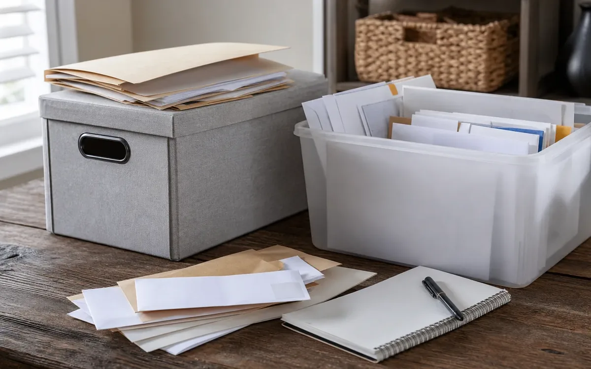 Unopened envelopes, folders, storage bins, and a notebook arranged on a wooden table for sorting paperwork.