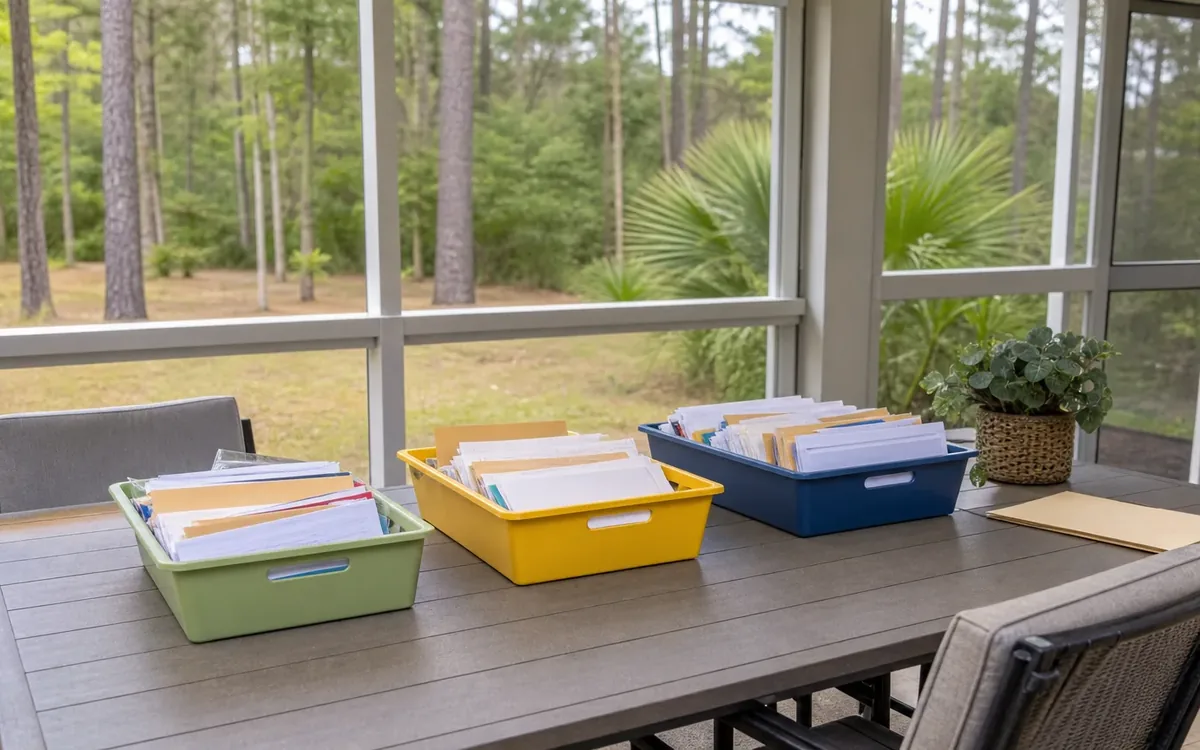 Three color-coded bins hold folders and documents on a screened porch table, with empty folders stacked nearby.