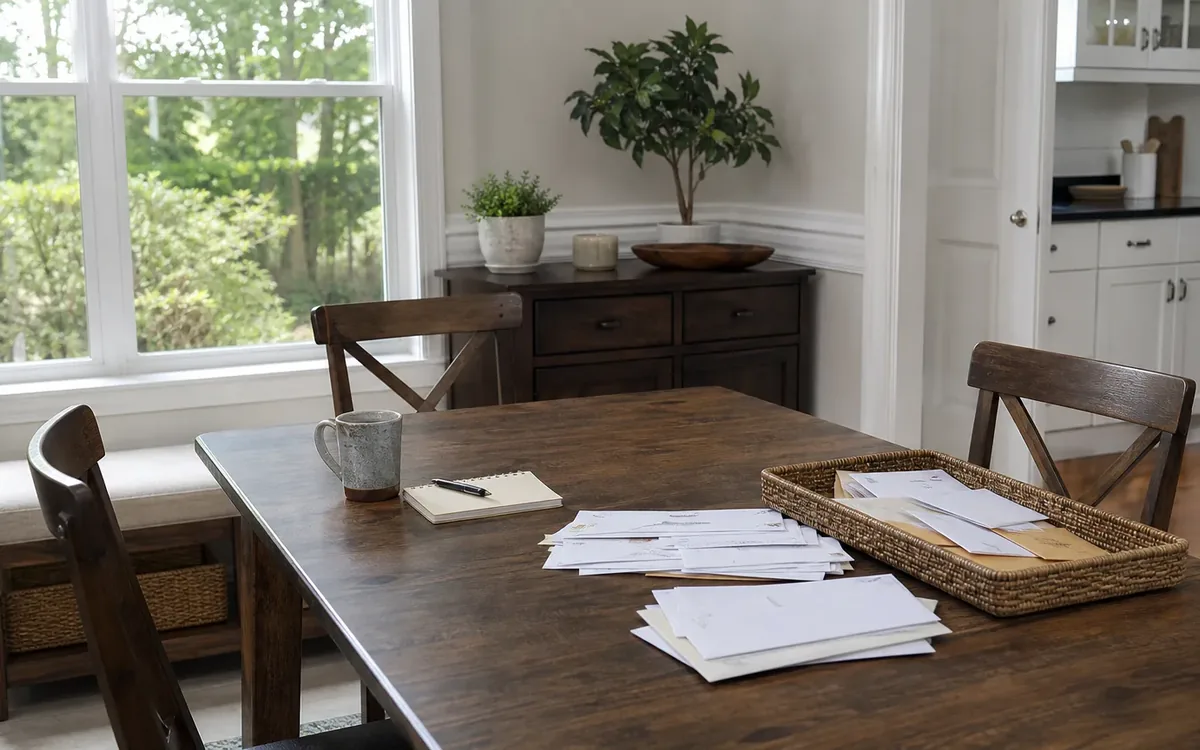 Stacks of unopened envelopes and documents sit beside a mail tray on a wooden dining table.