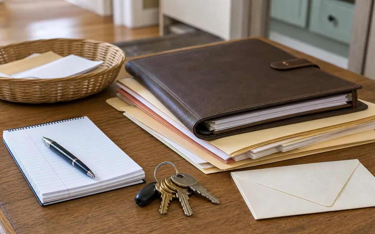 A brown document binder rests on stacked folders beside house keys, a blank envelope, and a notepad with a pen on a wooden table.