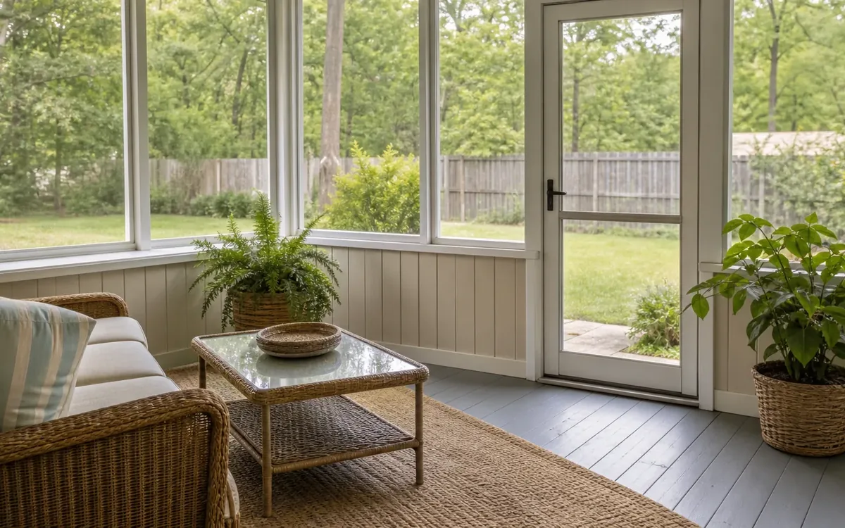 A screened porch with wicker seating, a glass-top table, potted plants, and a door overlooking a fenced green yard.