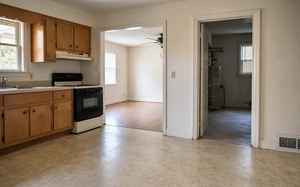 Empty kitchen with wooden cabinets, a sink and stove, opening into bare rooms with a water heater visible through a doorway.