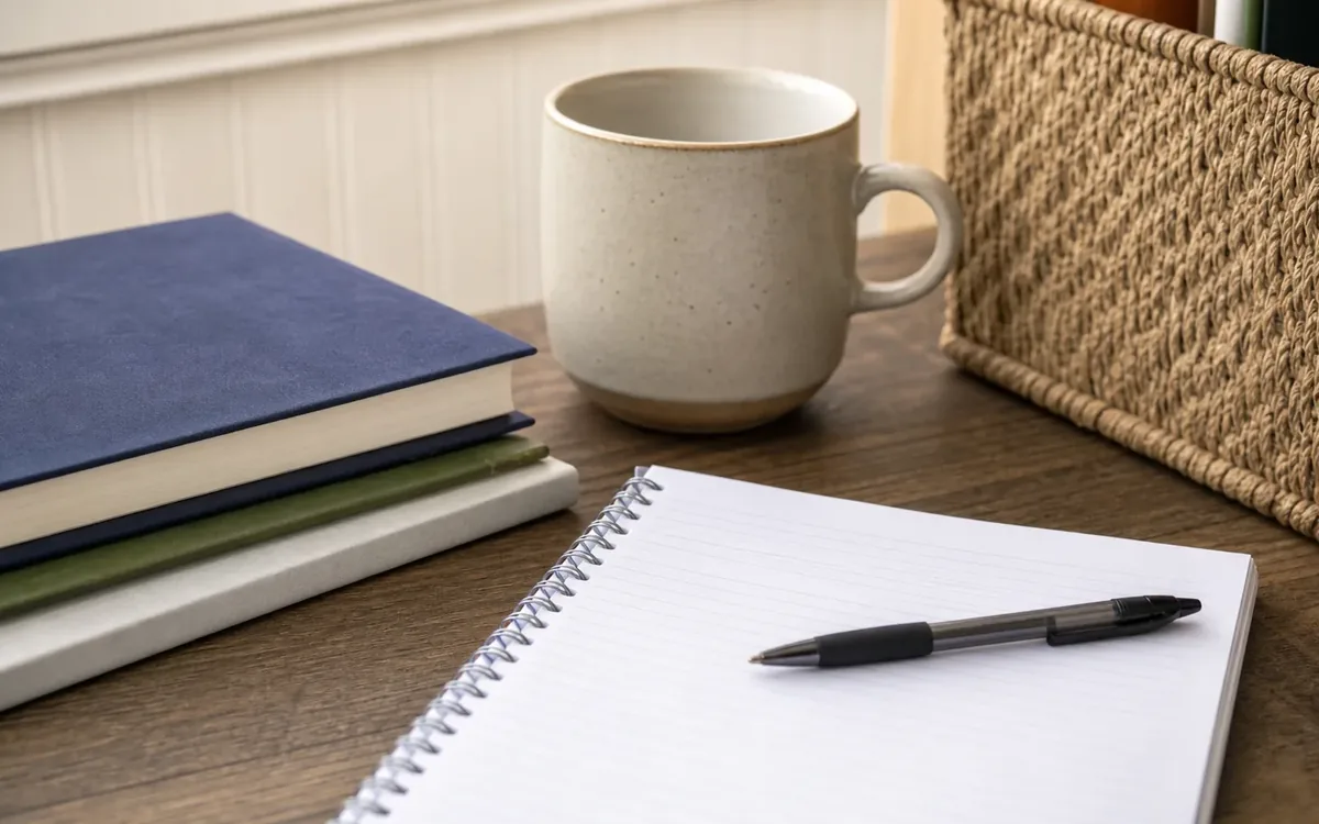 A blank spiral notebook and black pen sit on a wooden desk beside stacked books, a ceramic mug, and a woven basket.