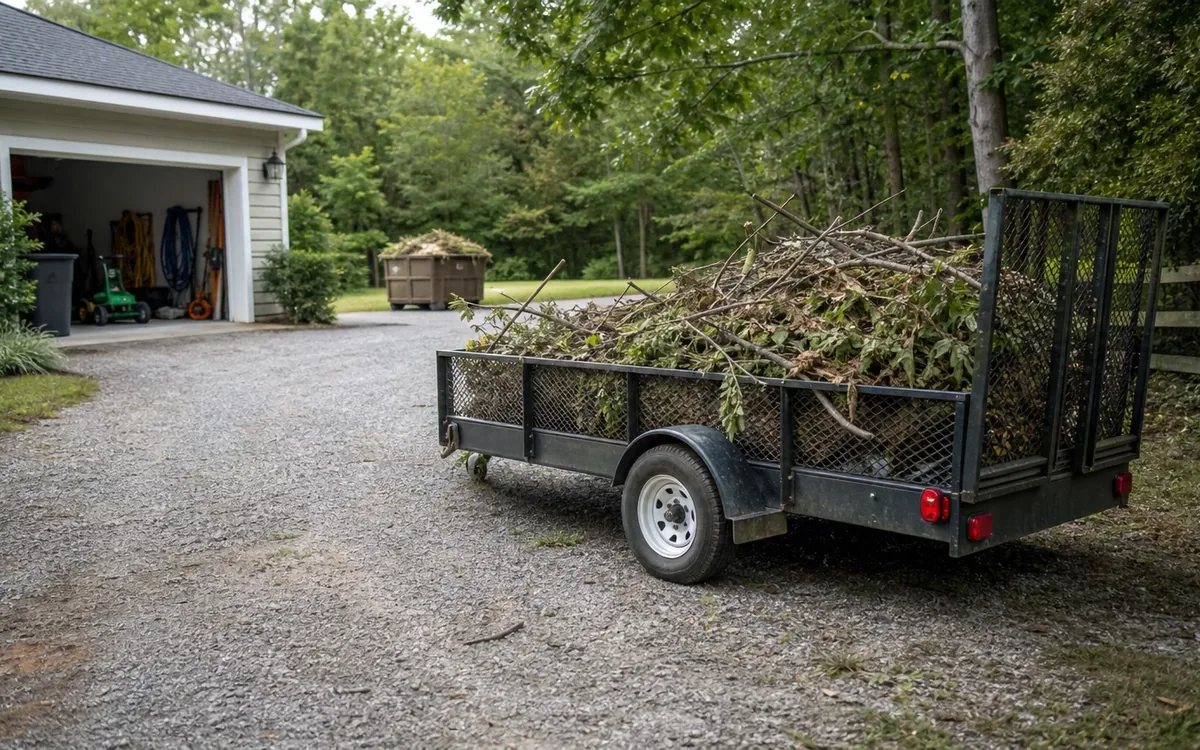 A black utility trailer loaded with branches and yard debris sits on a gravel driveway beside an open garage.