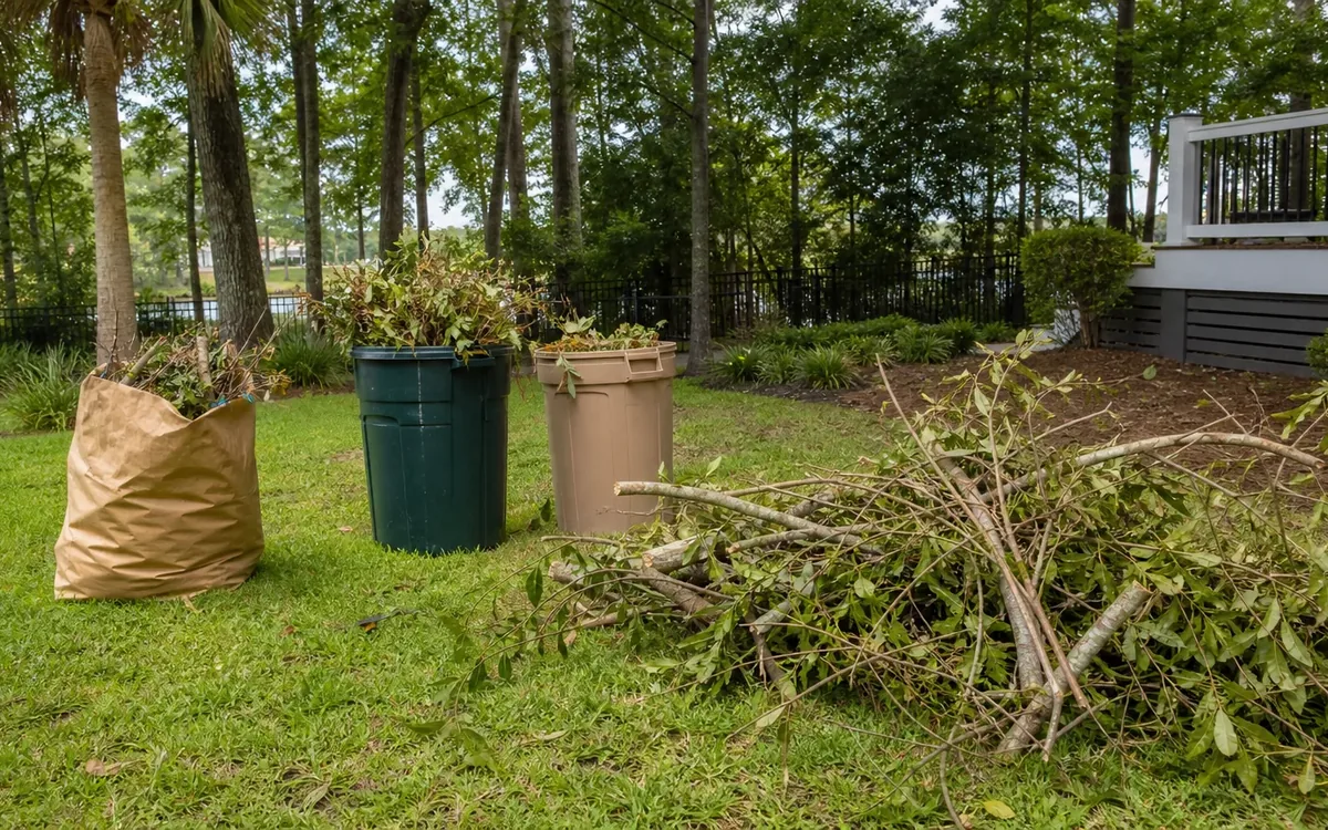 A paper yard waste bag and two bins stand on a lawn beside a large pile of cut branches near a house porch.