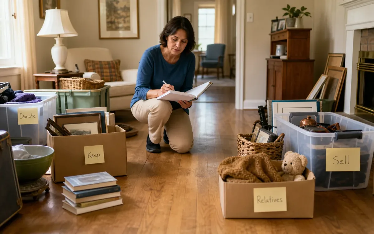 Labeled household belongings and a clear room path for plan for the destination, not the current house