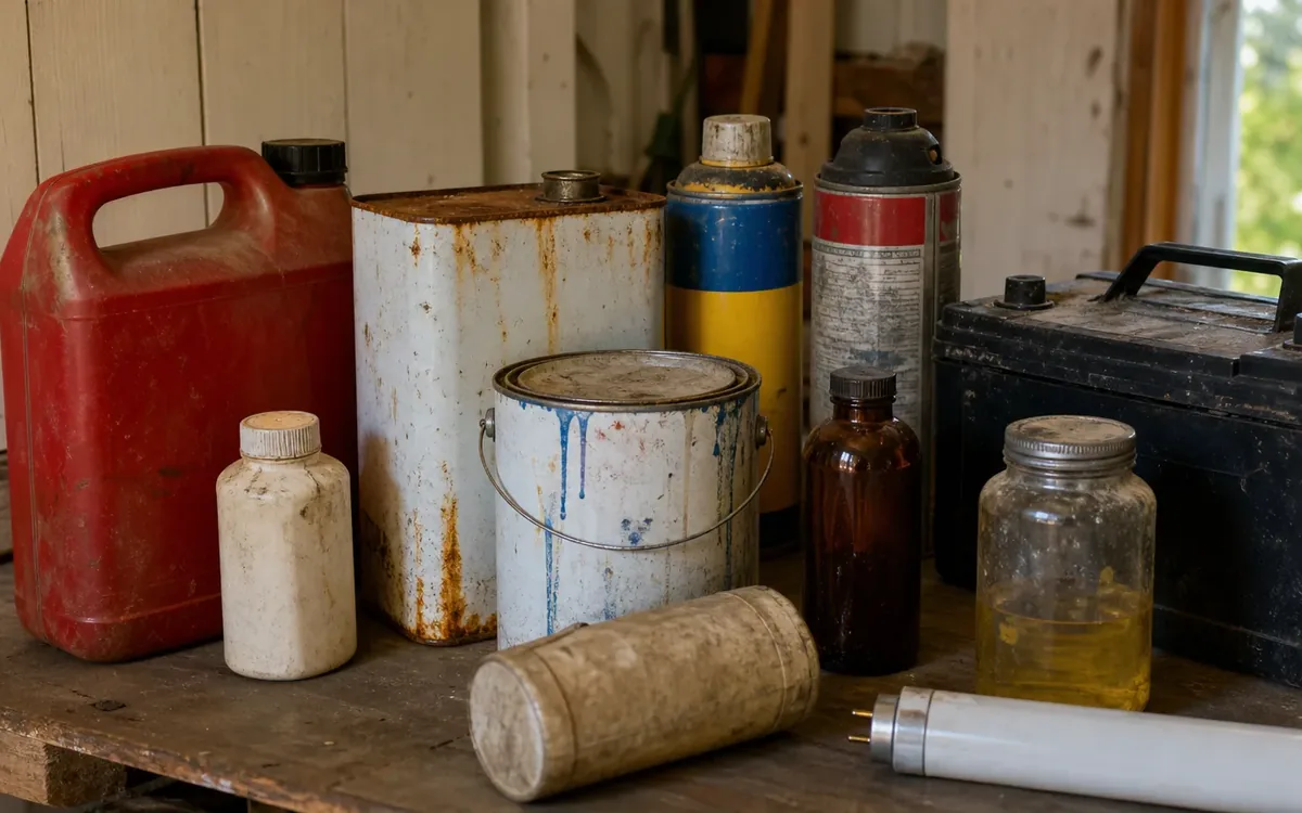Rusty paint cans, stained bottles, aerosol cans, a red jug, and a black case sit on a dusty wooden shelf.