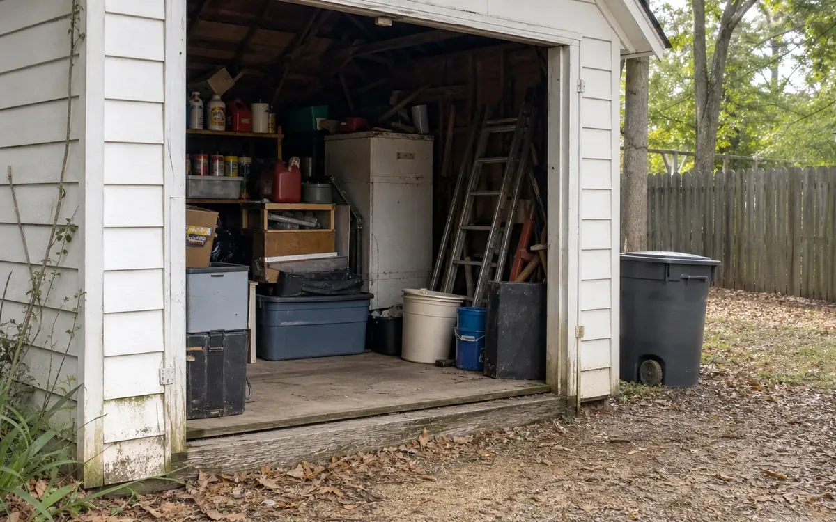 Open shed with shelves of containers, storage bins, buckets, ladders, a cabinet, and an outdoor trash cart.