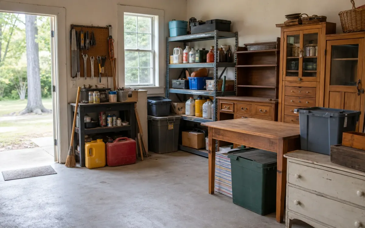 Garage with shelves of chemical containers, fuel cans, bins, tools, and wooden furniture during an estate cleanout.